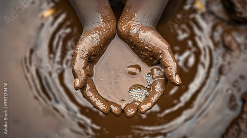 Close up of Mud Covered Hands Cupping Contaminated Water in a Struggle for Survival photo