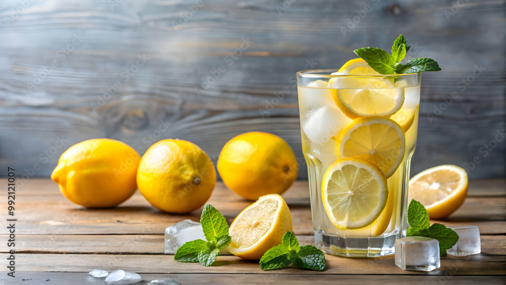 Fototapeta premium Glass of refreshing fresh lemonade with slices of lemon and ice cubes, lemonade, glass, fresh, drink, beverage, citrus, cold