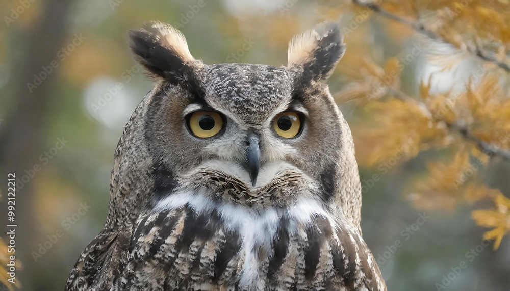 Isolated great horned owl with depth of field showcasing large tufts and striking eyes Isolated great horned owl with depth of field showcasing large tufts and striking eyes