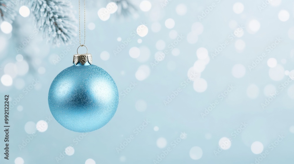 Shimmering blue Christmas ornament hanging from frosted pine branches against a soft blue bokeh background. Shimmering blue Christmas ornament hanging from frosted pine branches against a soft blue bokeh background.