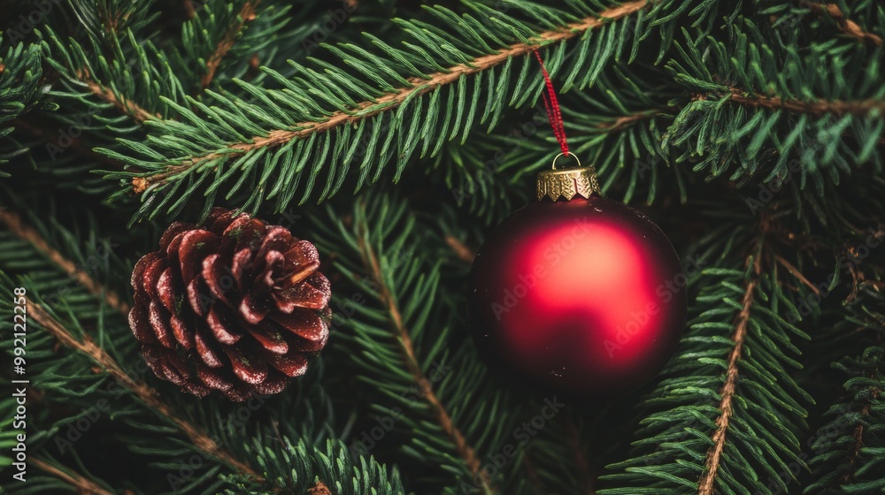 Red Christmas ornament on a pine tree with snow and a dark, moody background. Red Christmas ornament on a pine tree with snow and a dark, moody background.