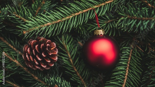 Red Christmas ornament on a pine tree with snow and a dark, moody background.