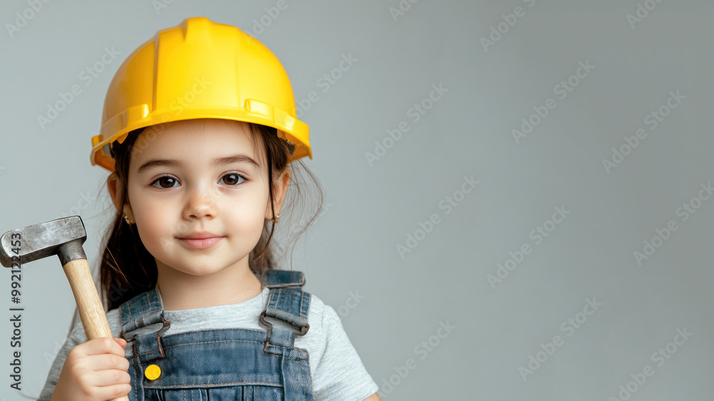 Canadian little girl wearing helmet hard hat and overalls holding hammer Canadian little girl wearing helmet hard hat and overalls holding hammer