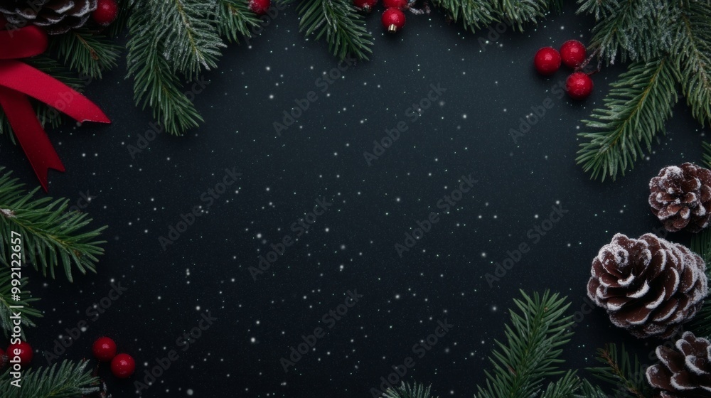Snow-dusted pinecones, berries, and evergreen branches on a black background, creating a wintery, festive holiday frame with falling snow effect. Snow-dusted pinecones, berries, and evergreen branches on a black background, creating a wintery, festive holiday frame with falling snow effect.