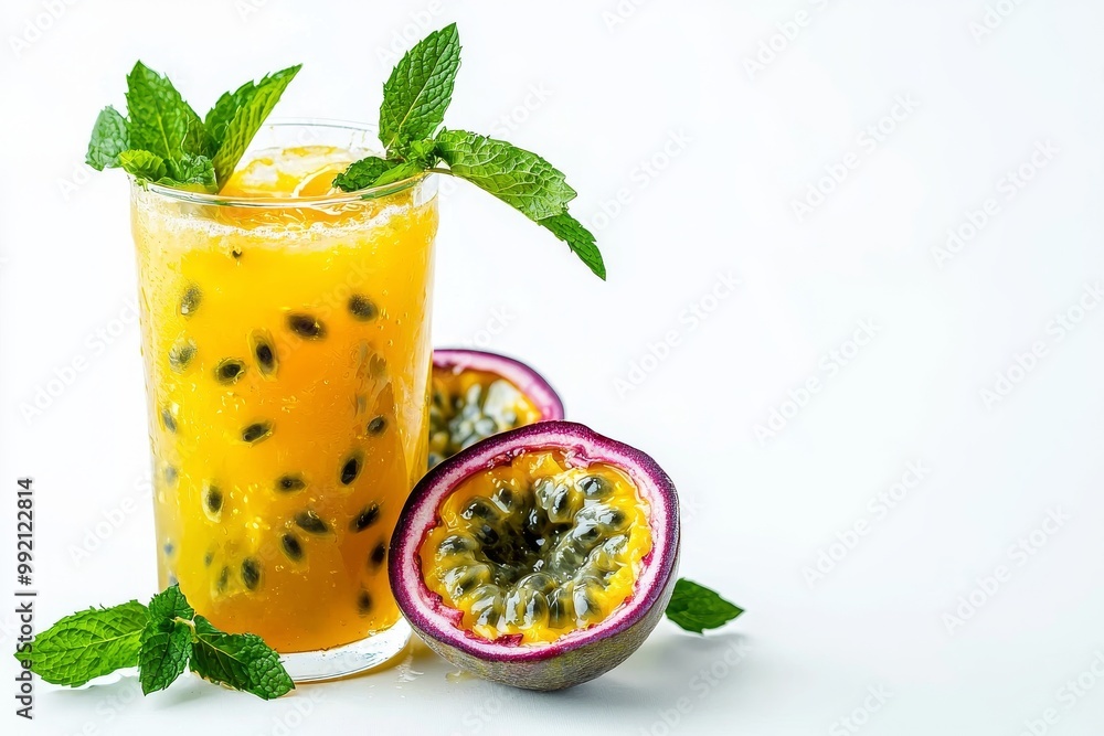 Fototapeta premium Delight in the Refreshing Zest of a Tropical Passion Fruit Drink with Cooling Mint, Perfect for a Hot Summer Day, Feeling Rejuvenated!