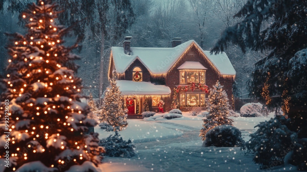 Fototapeta premium Snowy cottage surrounded by twinkling Christmas lights and snow-covered trees in magical winter setting. Vibrant Christmas tree decorated glowing lights ornaments, snowfall and bokeh in background