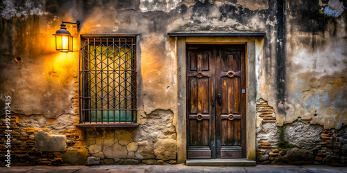 Old door with vintage iron grille doorlight design and textured wall of an abandoned house exterior , vintage, iron, grille photo