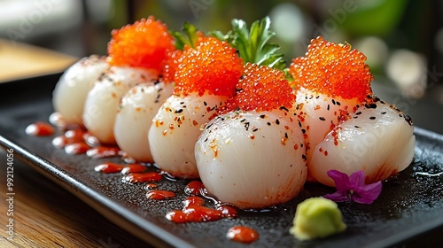 Rambutans being served a sleek black plate in a highend sushi restaurant with minimalist decor and ambient lighting adding to the sense of sophistication Scientific name Nephelium lappaceum photo