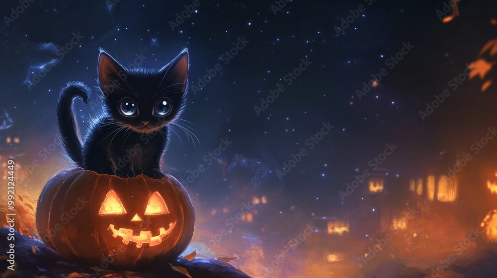 A cute black cat with big sparkling eyes, sitting on a glowing jack-o'-lantern, with a magical mist and shining stars in the night sky. A cute black cat with big sparkling eyes, sitting on a glowing jack-o'-lantern, with a magical mist and shining stars in the night sky.