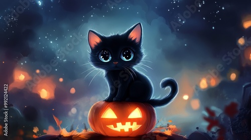 A cute black cat with big sparkling eyes, sitting on a glowing jack-o'-lantern, with a magical mist and shining stars in the night sky.