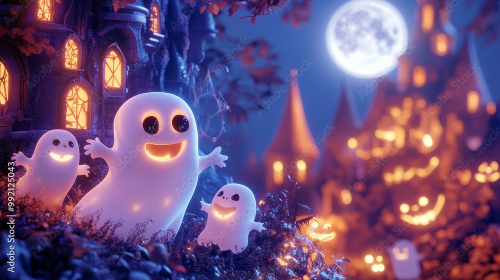 A sparkling, enchanted Halloween castle with cute, glowing ghosts floating around, and a bright full moon casting a shimmering light on the scene. A sparkling, enchanted Halloween castle with cute, glowing ghosts floating around, and a bright full moon casting a shimmering light on the scene.