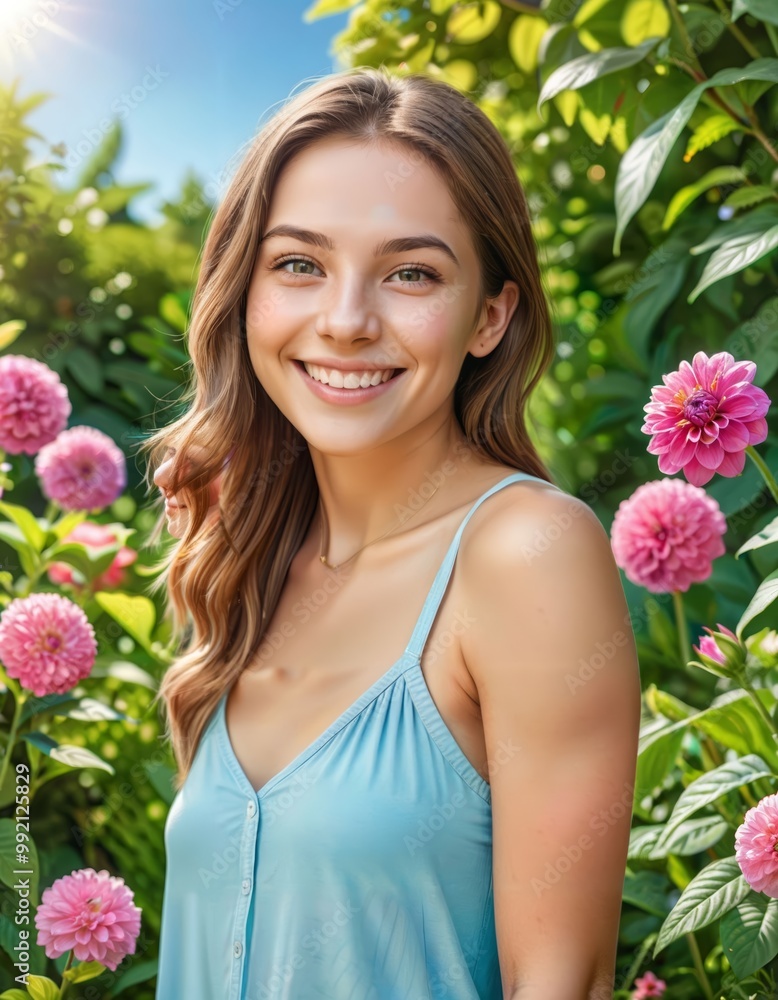 Happy Young Woman in Lush Garden, Vibrant Contemporary Portrait Happy Young Woman in Lush Garden, Vibrant Contemporary Portrait