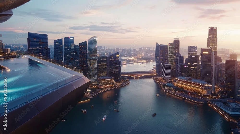 Fototapeta premium The futuristic Marina Bay Sands in Singapore from above, its rooftop infinity pool overlooking the city stunning skyline and Marina Bay.