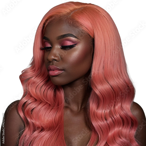 Soft Peach Hair Glam Model with Lush Wavy Curls and Bold Makeup - High Resolution Transparent PNG