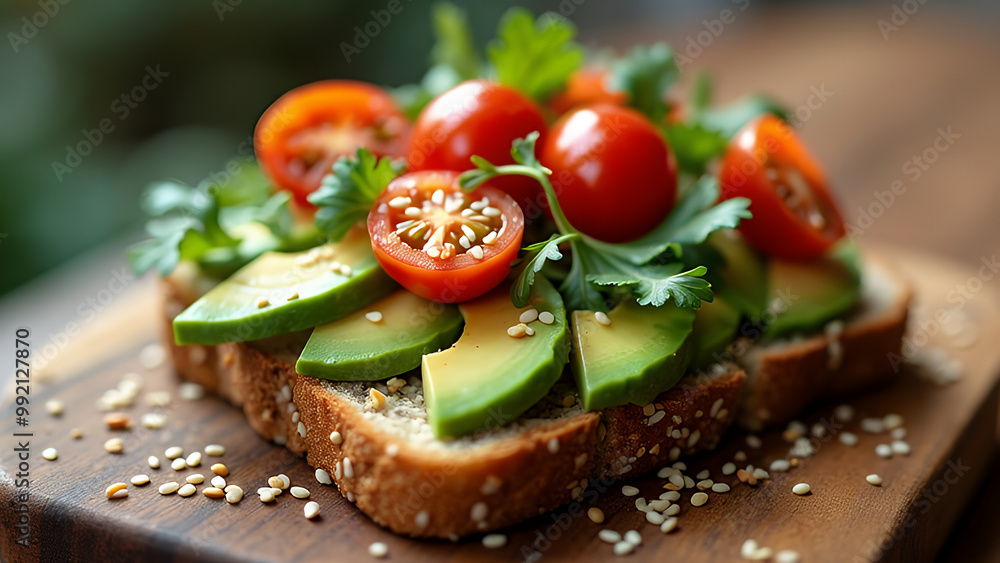 Whole grain toast with slices of avocado, tomatoes, and greens, sprinkled with sesame seeds, on a wooden board background. Whole grain toast with slices of avocado, tomatoes, and greens, sprinkled with sesame seeds, on a wooden board background.