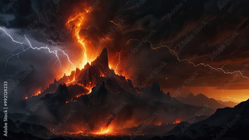Lightning bolt strikes a volcano erupting lava against a dramatic sky, showcasing nature's power and danger Lightning bolt strikes a volcano erupting lava against a dramatic sky, showcasing nature's power and danger