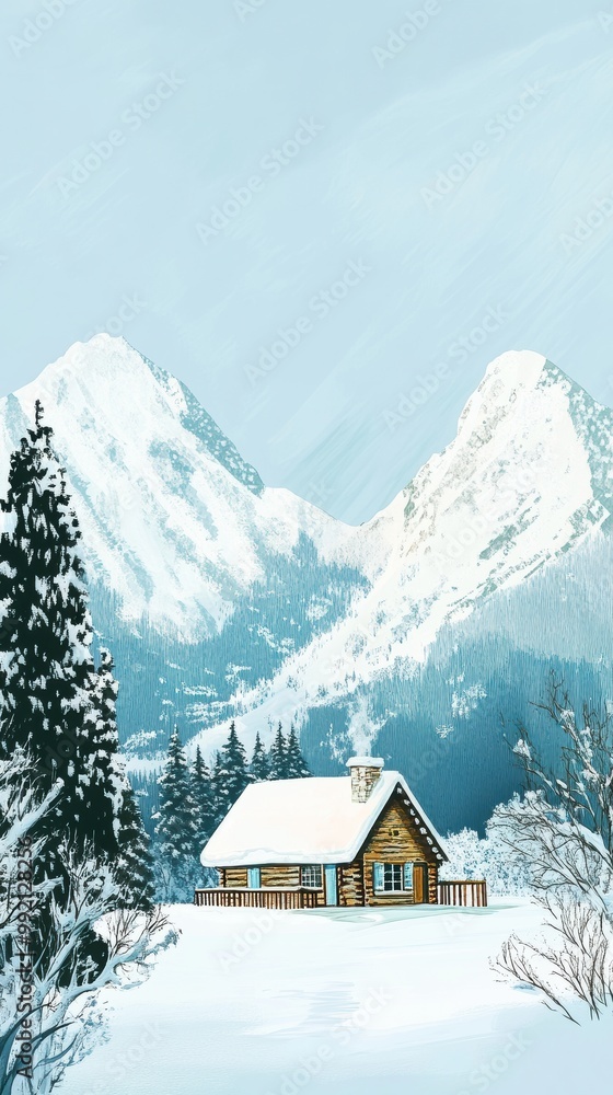 Snowy Cabin Landscape in a Mountainous Setting Snowy Cabin Landscape in a Mountainous Setting