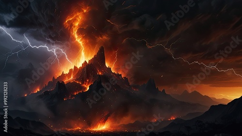 Lightning bolt strikes a volcano erupting lava against a dramatic sky, showcasing nature's power and danger