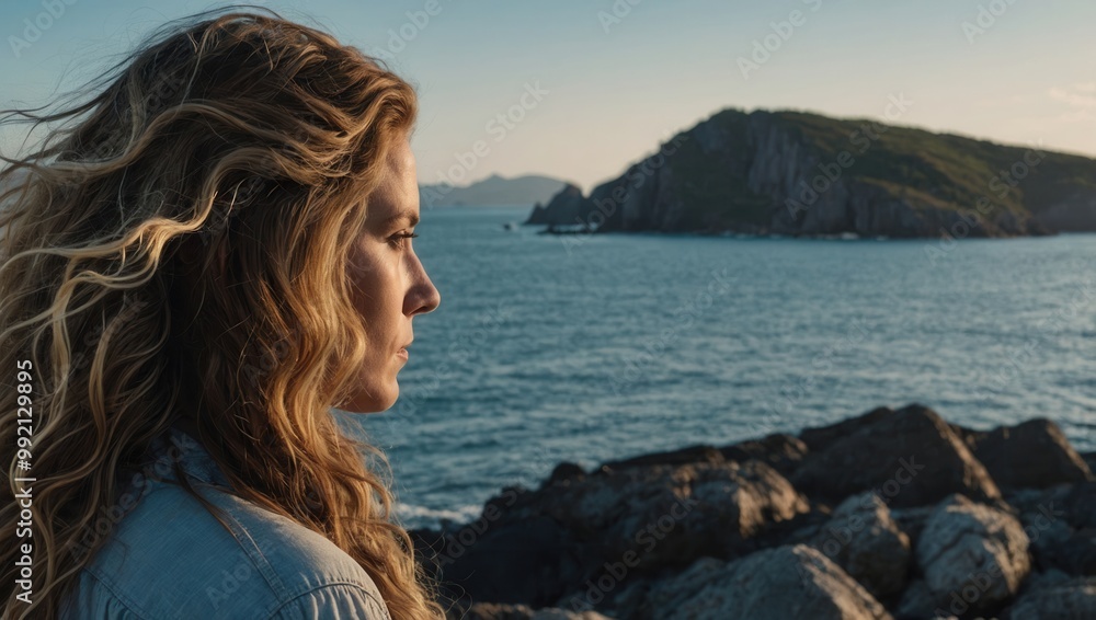 Blonde woman looking out to sea at rocky coast Blonde woman looking out to sea at rocky coast