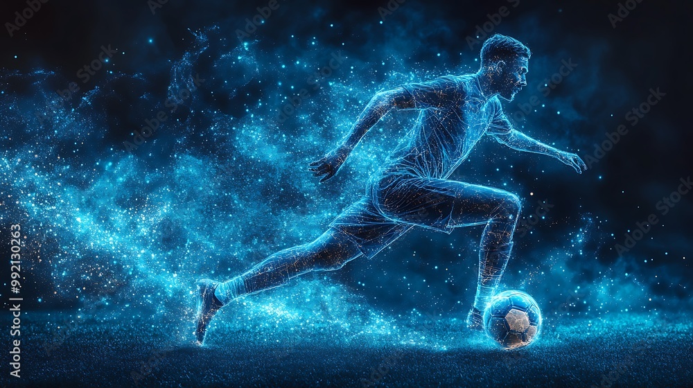 Blue digital soccer player with glowing data, artificial intelligence into athlete performance analysis and training, enhancing player skills, strategy, and overall team performance design Blue digital soccer player with glowing data, artificial intelligence into athlete performance analysis and training, enhancing player skills, strategy, and overall team performance design