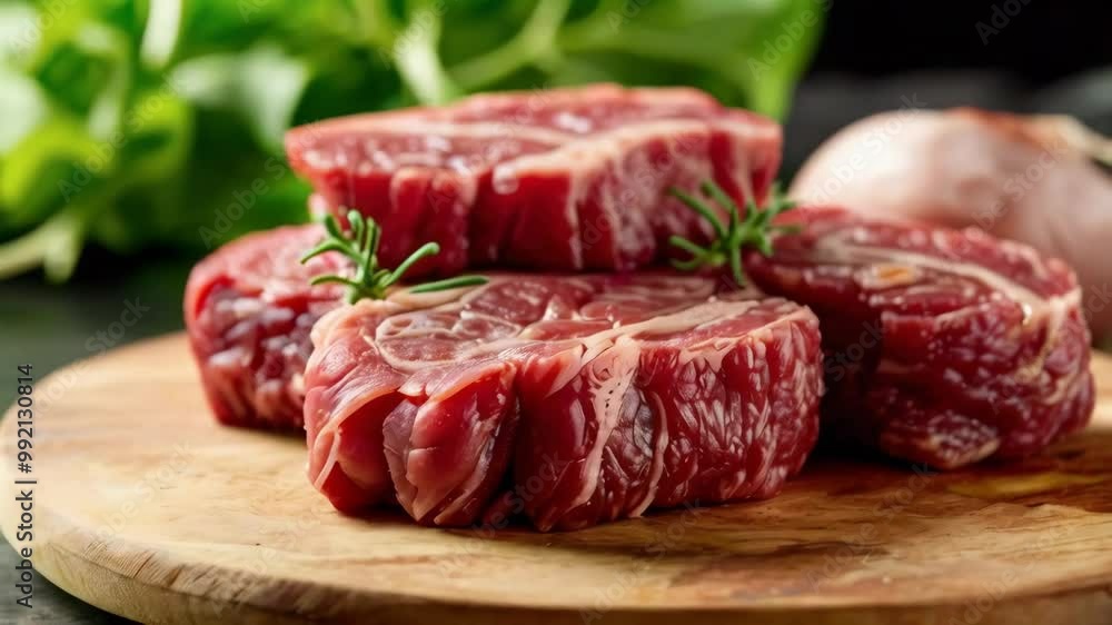 Raw Steak on a Wooden Cutting Board. Stunning 4K Ultra HD Footage - Perfect for Professional Projects