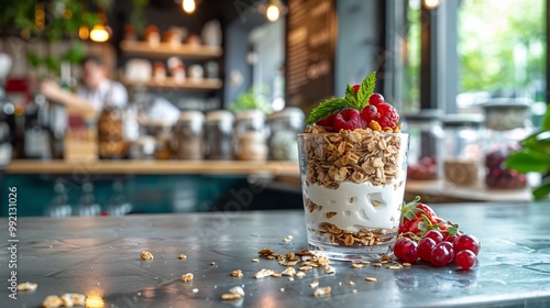 Rollinia fruit parfait topped granola fresh berry served vibrant breakfast bar wellness guides yoga gear softly blurred behind promoting balanced energetic start day Scientific name Rollinia deliciosa photo