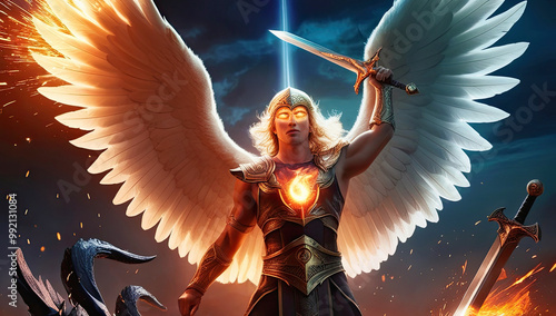 A celestial Saint Michael archangel warrior with glowing eyes and large white wings is standing triumphantly over a fallen demon, holding a sword high in the air