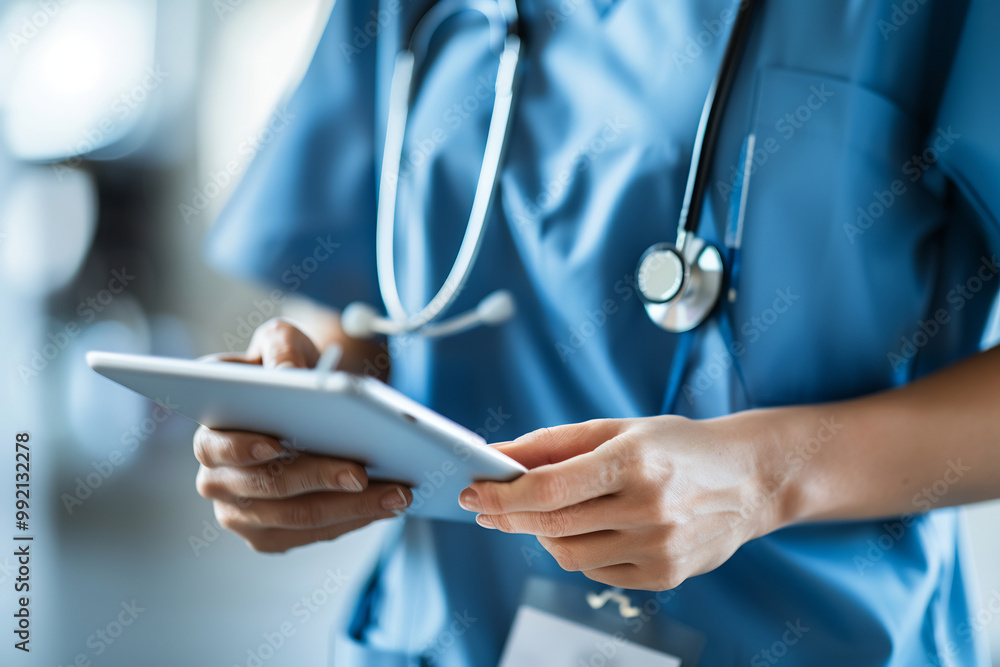 Professional doctor using a digital tablet in a modern hospital, focus on technology in medicine Professional doctor using a digital tablet in a modern hospital, focus on technology in medicine