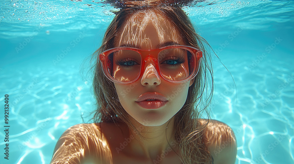 A young woman smiles underwater in a pool, showcasing trendy orange sunglasses, with sunlight filtering through the water above her A young woman smiles underwater in a pool, showcasing trendy orange sunglasses, with sunlight filtering through the water above her