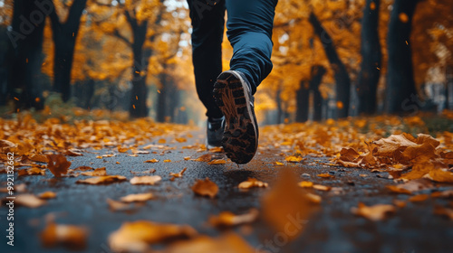 A runner makes their way along a picturesque trail scattered with vibrant orange and yellow leaves in a peaceful autumn park