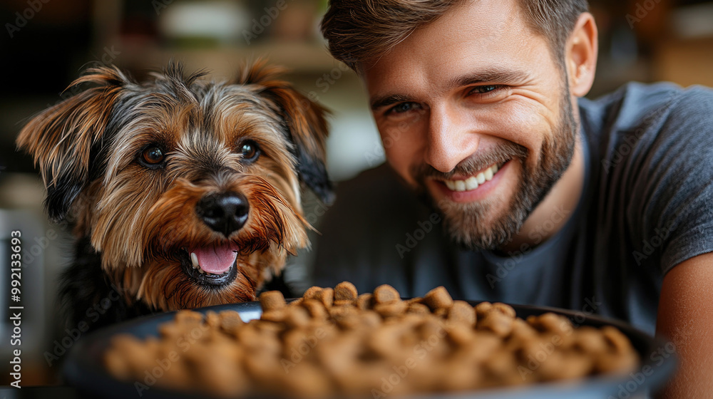 A man smiles joyfully as he shares mealtime with his dog, surrounded by a bowl filled with pet food in a cozy indoor setting A man smiles joyfully as he shares mealtime with his dog, surrounded by a bowl filled with pet food in a cozy indoor setting
