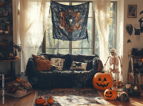 Cozy living room decorated for Halloween with a spooky vibe photo