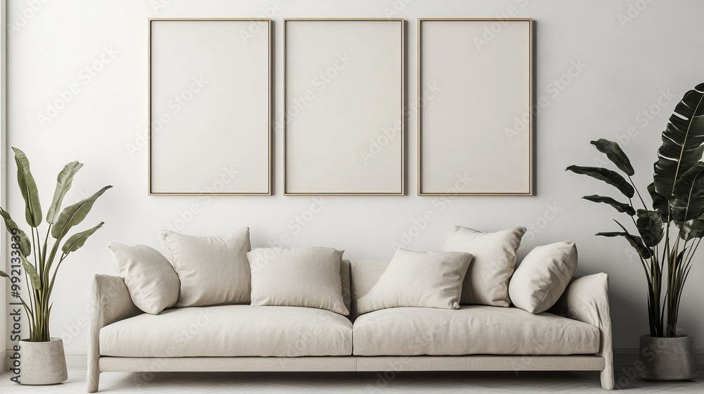 Boho chic living room with a neutral-toned sofa and minimalist wall art mockup in natural light