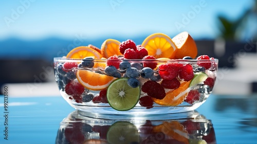 Rollinia fruits floating a glass bowl of sparkling water with yoga mats and beach umbrellas softly blurred behind creating a refreshing fitnessoriented atmosphere Scientific name Rollinia deliciosa photo