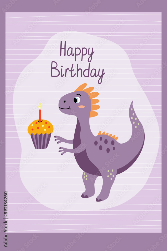 Greeting card with adorable purple baby dinosaur rex with cupcake and burning candle and happy birthday hand drawn lettering. Flat vector illustration. Greeting card with adorable purple baby dinosaur rex with cupcake and burning candle and happy birthday hand drawn lettering. Flat vector illustration.