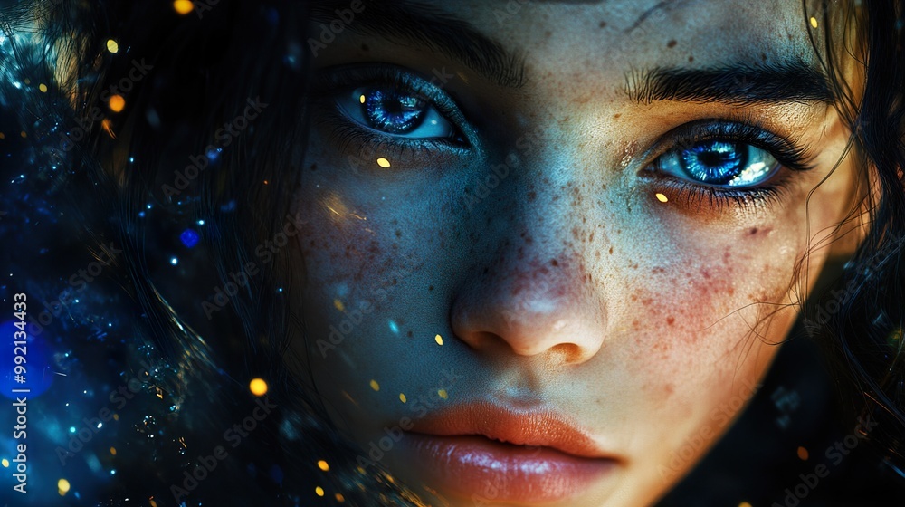 Close-Up Portrait of a Woman with Blue Eyes and Freckles Close-Up Portrait of a Woman with Blue Eyes and Freckles