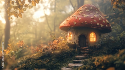 A fantastical mushroom abode with a brightly colored cap, partially covered by lush, green moss, located in a vibrant, sun-dappled forest.