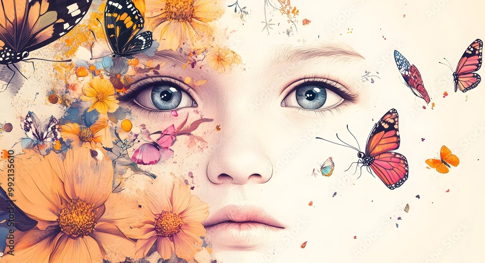 Fototapeta premium A child's partial face decorated with delicate floral elements and butterflies. The combination of realism and whimsical details.
