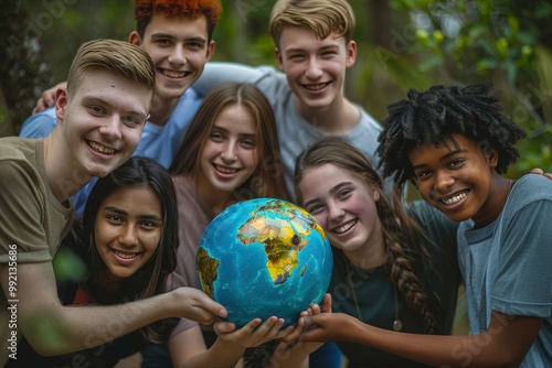 A group of young people are holding a globe in their hands generative ai