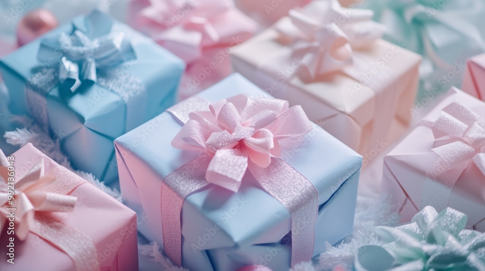 Christmas background with gift box. Happy new year banner and poster with surprise gift Christmas background with gift box. Happy new year banner and poster with surprise gift