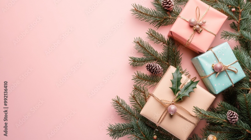 Christmas background with gift box. Happy new year banner and poster with surprise gift Christmas background with gift box. Happy new year banner and poster with surprise gift