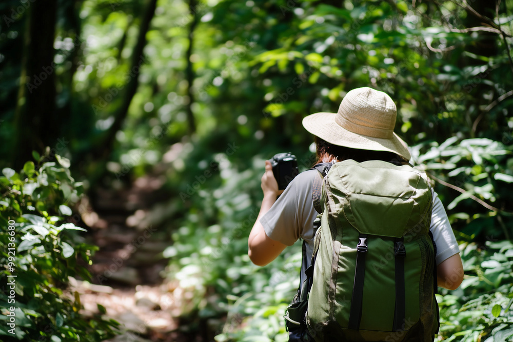 Naklejka premium Hiker exploring a nature trail, documenting flora and fauna