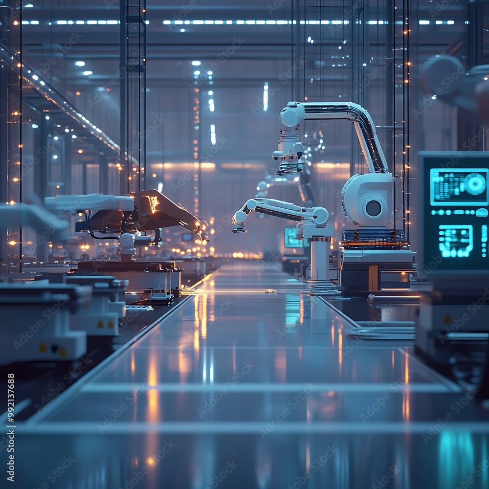 Fototapeta premium Futuristic factory with robotic arms on an automated assembly line