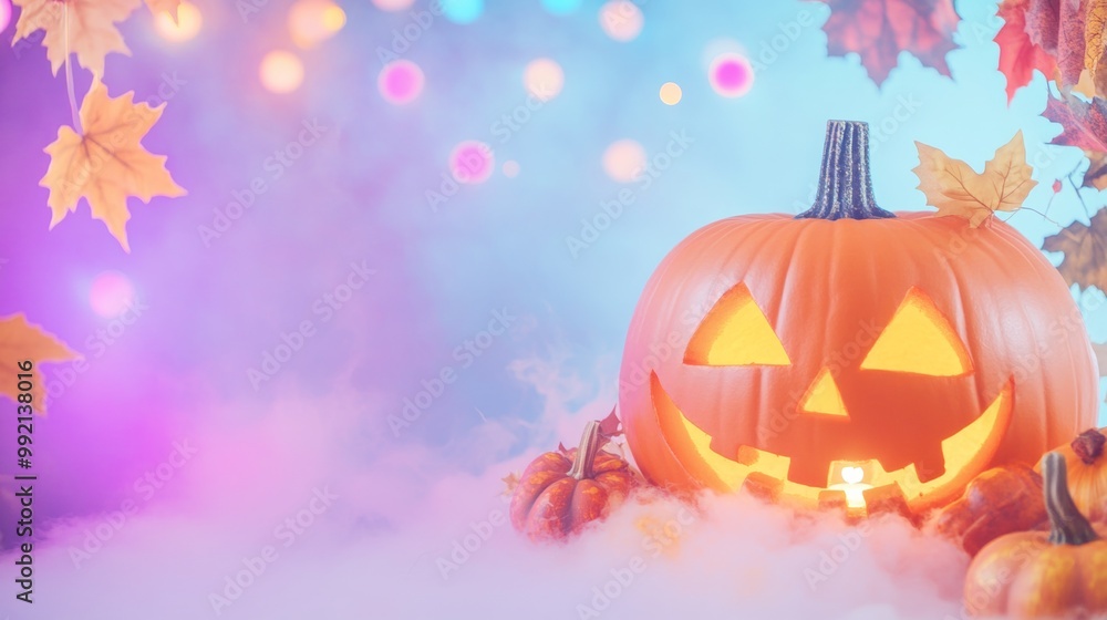 Naklejka premium A bright orange pumpkin with a carved creepy face, lit from within by a candle, against the backdrop