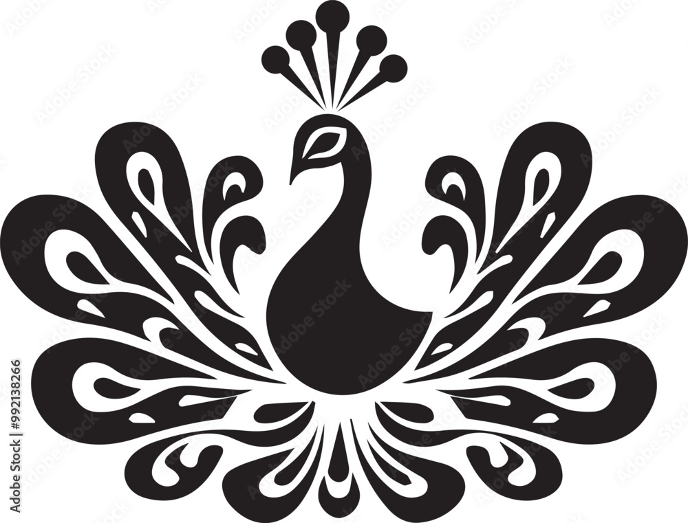 A black and white peacock silhouette design A black and white peacock silhouette design
