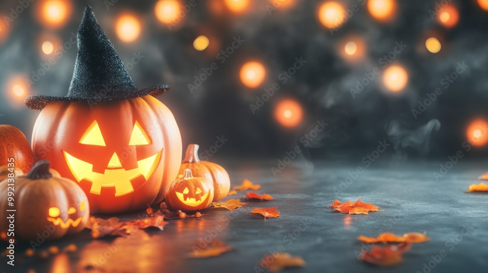 Naklejka premium A bright orange pumpkin with a carved creepy face, lit from within by a candle, against the backdrop