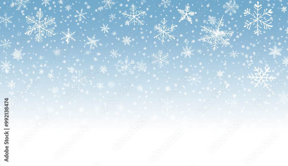 Snowfall background with blue gradient and white snowflakes with copy space