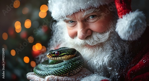 Santa Claus holding a coiled snake in his hands close-up. Christmas and New Year's Eve 2025.