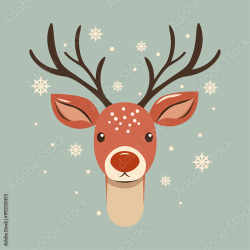 Cute illustration of a Christmas red-nosed reindeer, deer, Rudolph on the light blue background with snowflakes, vector photo