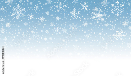 Snowfall background with blue gradient and white snowflakes with copy space